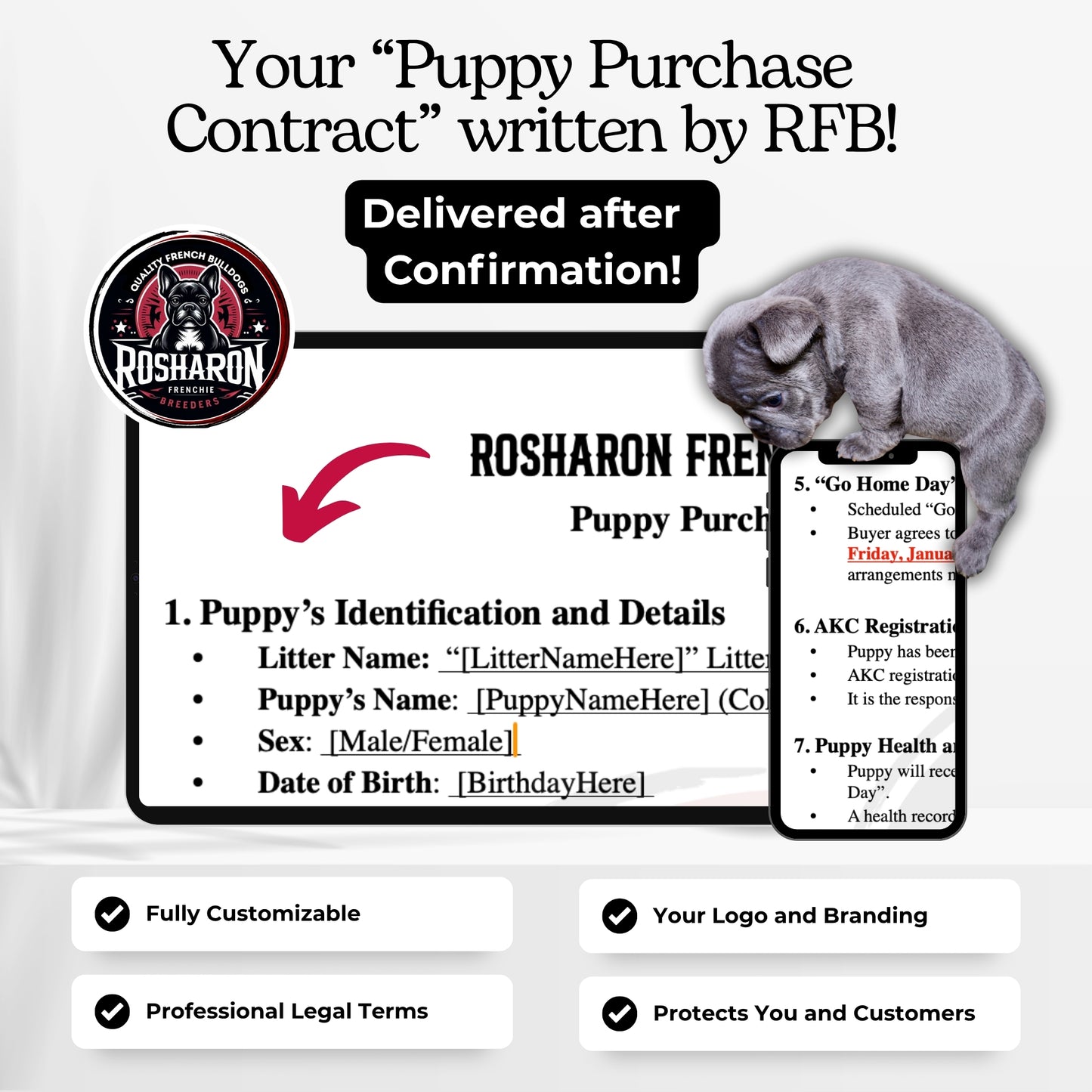 Custom Puppy Purchase Contract Template with Legal Terms and Branding by Rosharon Frenchie Breeders