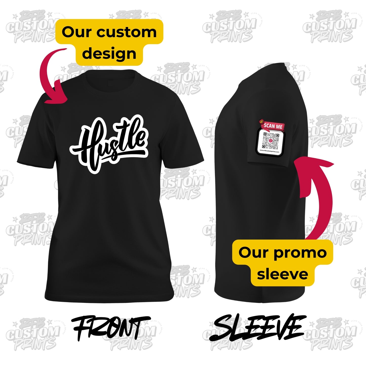 Black t-shirt with 'Hustle' design on front and QR code label on sleeve, against a white background with 'Custom Prints' branding.