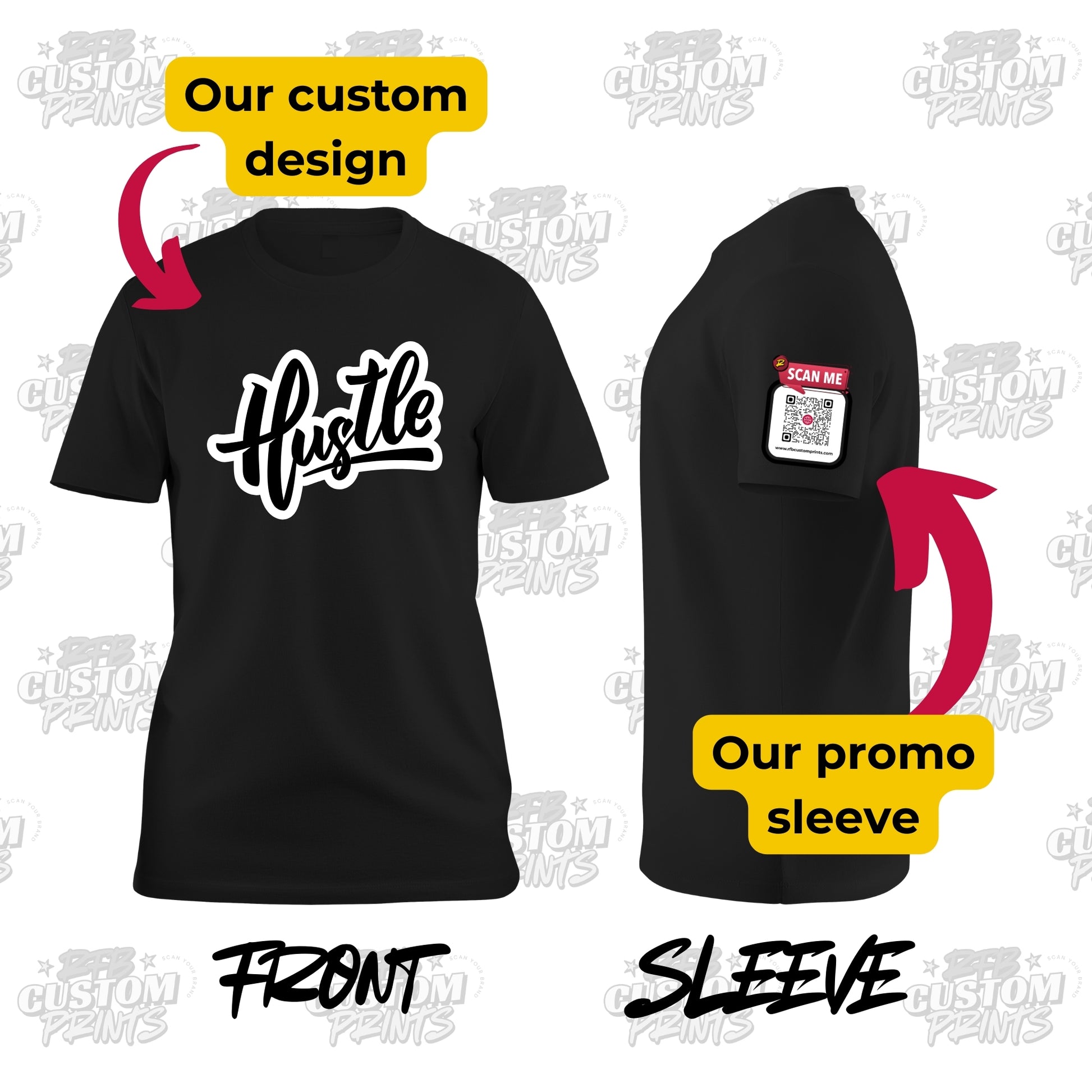 Black t-shirt with 'Hustle' design on front and QR code label on sleeve, against a white background with 'Custom Prints' branding.
