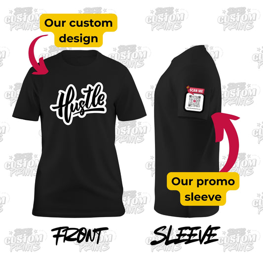 Black t-shirt with 'Hustle' design on front and QR code label on sleeve, against a white background with 'Custom Prints' branding.