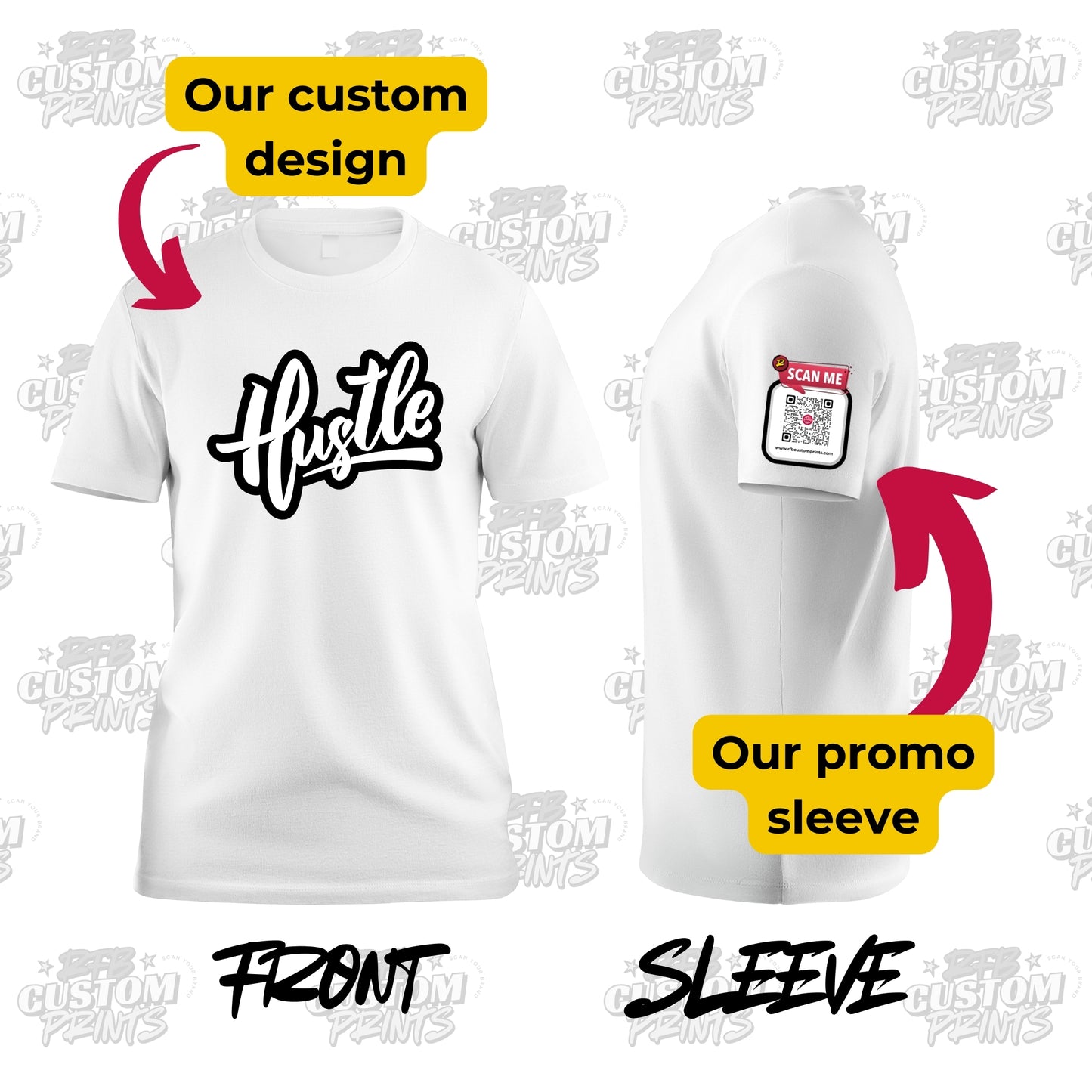 White t-shirt with 'Hustle' design on front and QR code sleeve label, branded 'Custom Prints'.