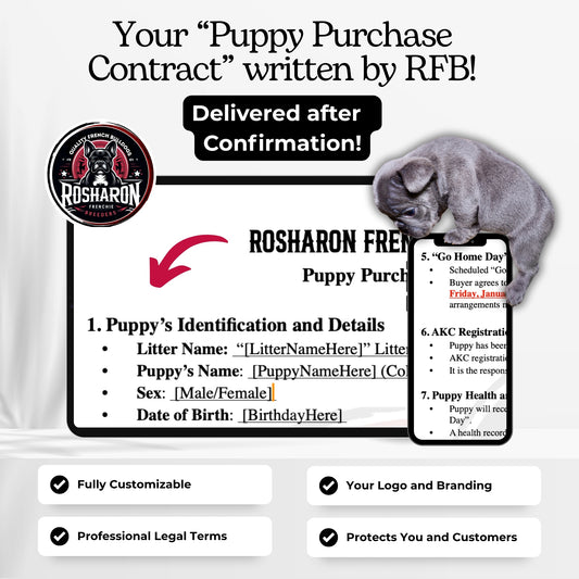 Custom Puppy Purchase Contract Template with Legal Terms and Branding by Rosharon Frenchie Breeders
